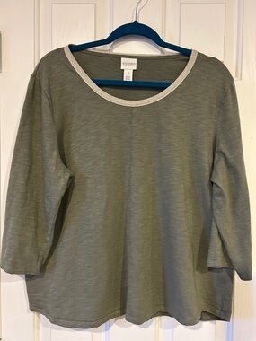 Chico's Olive Green Long Sleeve Tee with Metallic Silver Neck